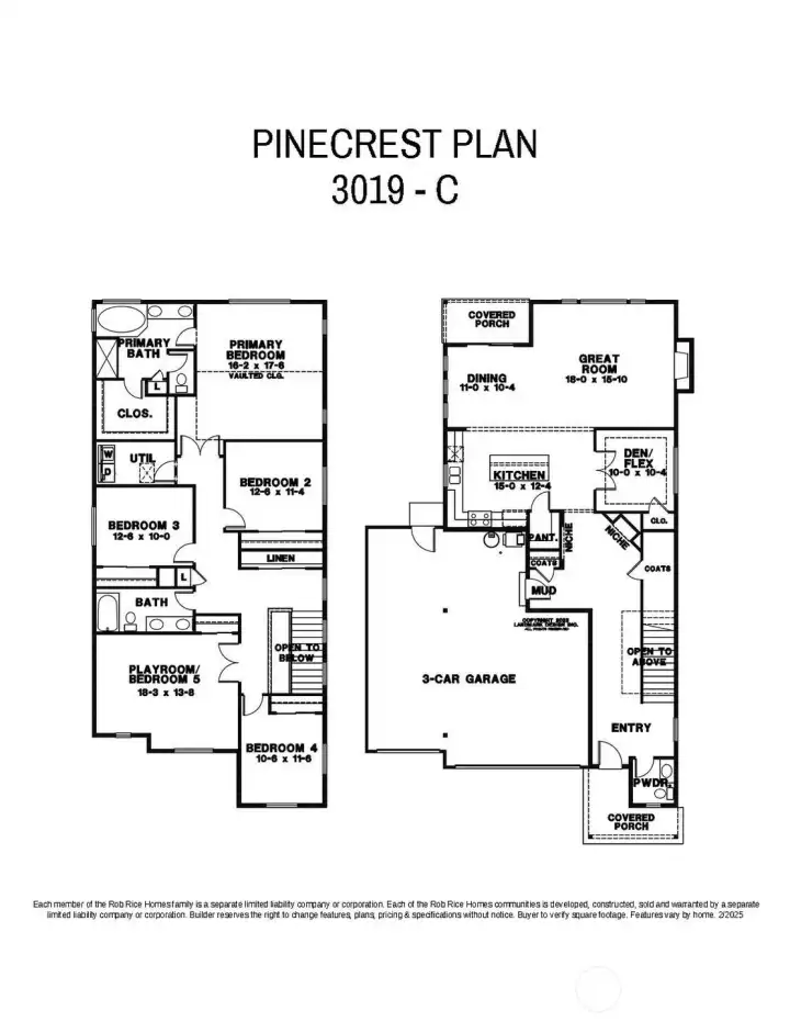 Each member of the Rob Rice Homes family is a separate limited liability company or corporation.  Each of the Rob Rice Homes communities is developed, constructed, sold and warranted by a separate limited liability company or corporation.  Builder reserves the right to change features, plans, pricing & specifications without notice. Buyer to verify square footage. Features vary by home. 2/2025