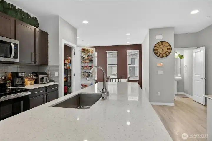 Stunning chef's kitchen with rich dark cabinetry, stainless steel appliances, and center island