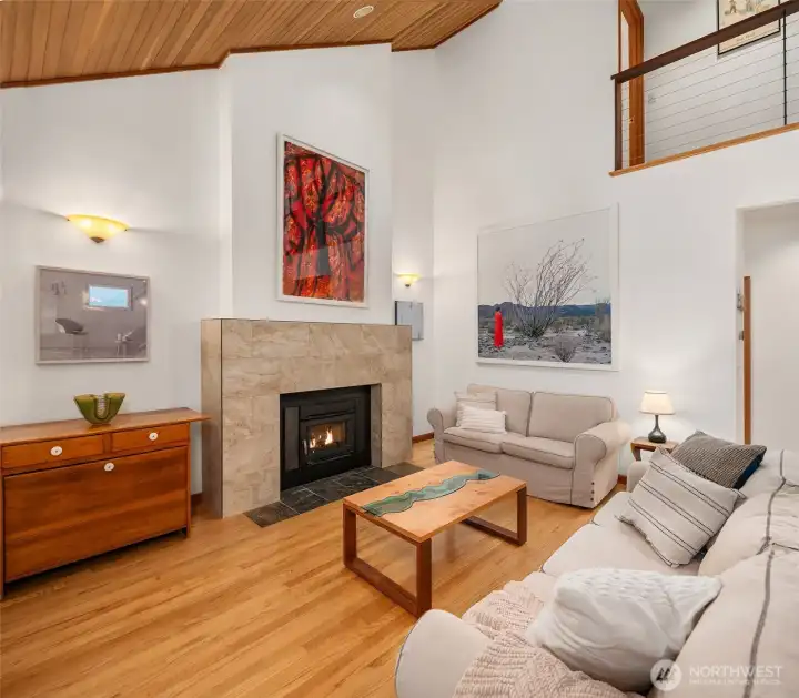 Living room with wood burning fireplace insert.