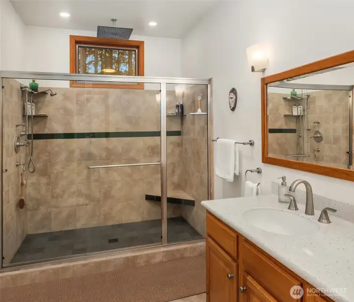 Main floor bath with radiant heated floors.