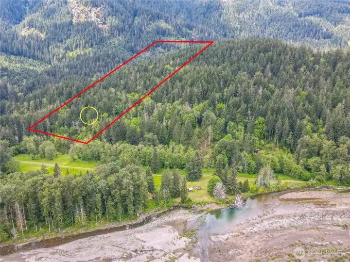 View of the 10 AC-circle marks cabin location. View of Cowlitz River.