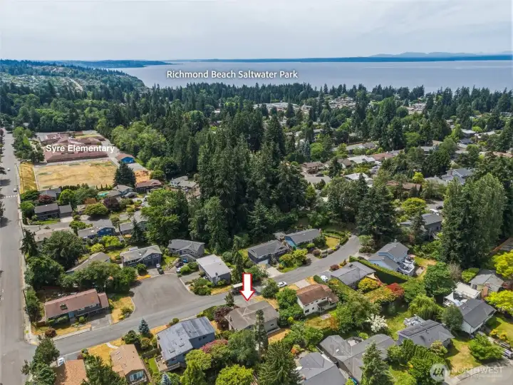 An aerial view showing location of home relative to Syre Elementary and Richmond Beach park, with the Puget Sound visible beyond.