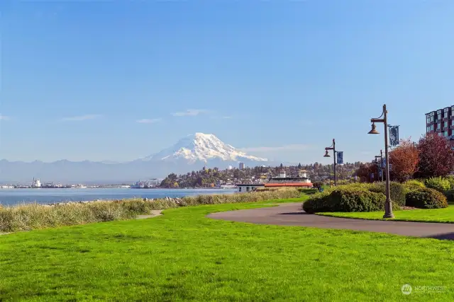 Enjoy morning walks on the Waterwalk with expansive views of the Sound and Mount Rainier