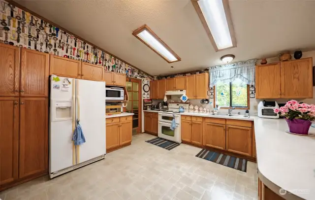 This kitchen is amazing. Large countertop to entertain on and pantry and laundry room just in that door on the left side of picture. All appliances stay.