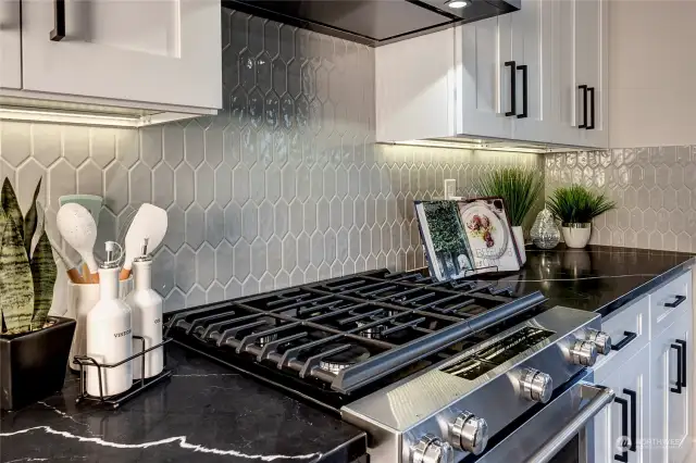 Close up kitchen, unique tile (Model Home Lot C101)