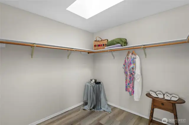 Main walk in closet with skylight