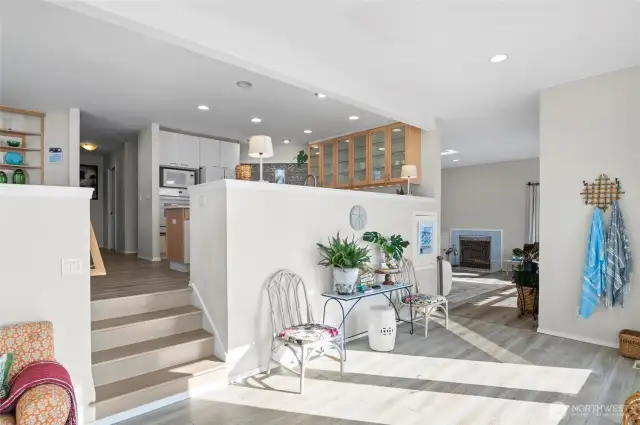 Looking up to kitchen from dining area