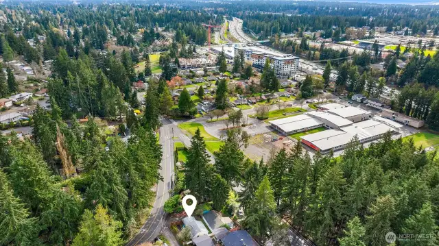 Aerial view of home showing proximity to light rail for easy commuting.