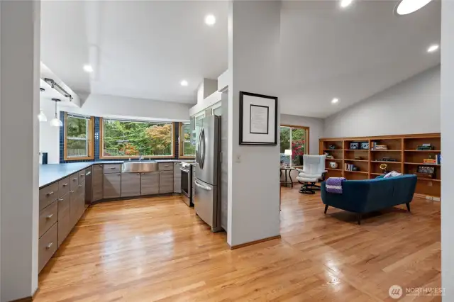 This view is from the dining room looking into the kitchen and family room.