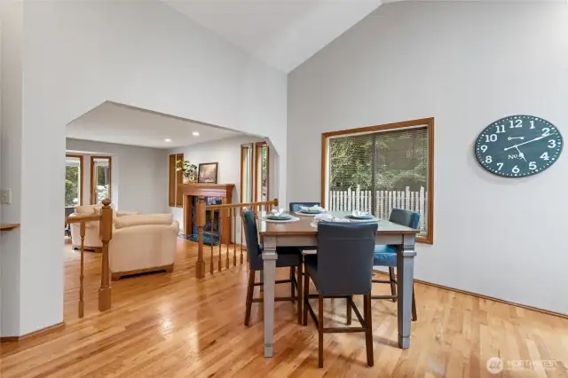 The dining room flows nicely between the kitchen and living room.