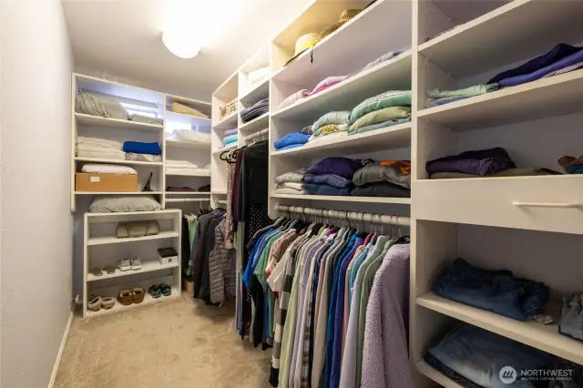 Large walk in closet with great shelving!