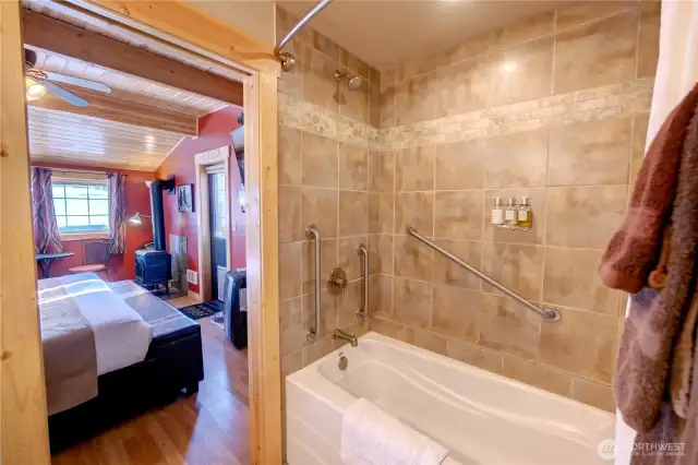 Unit 1 bathroom.  All unit's bathrooms have safety bars in place for guest safety and mobility restrictions.