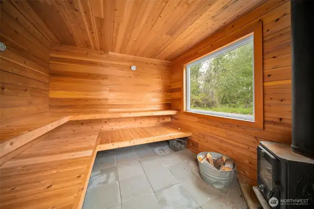 Rustic wood heated sauna.