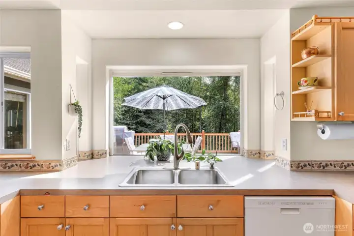 Looking out the large kitchen window, view of deck and woods.