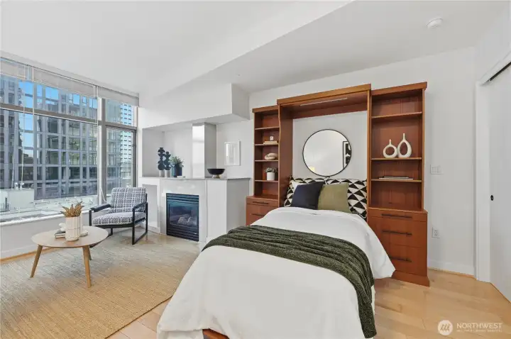 Check out your custom Murphy Bed for additional storage plus you have a wall closet.