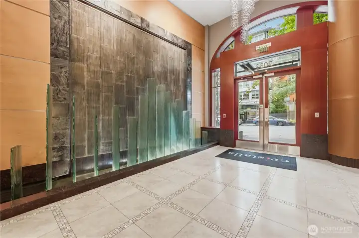 Stunning waterfall as you enter the main lobby of Cristalla.