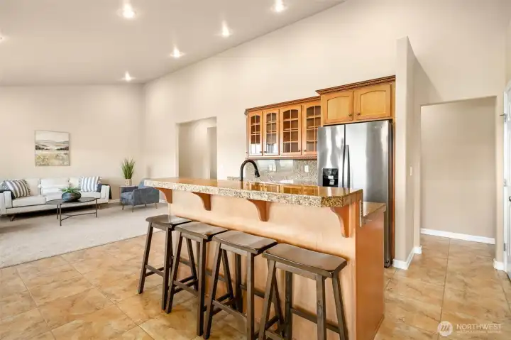 Casual living and kitchen are open concept.