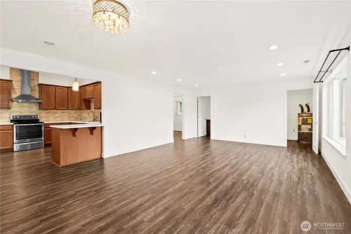 Remodeled kitchen opens into spacious living area