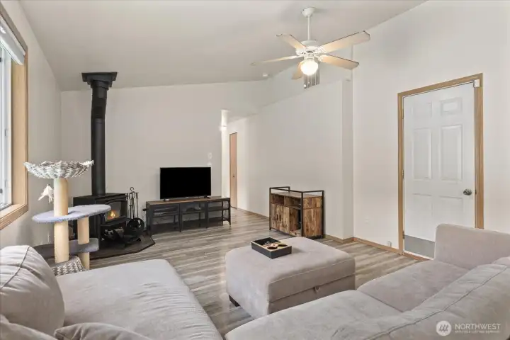 Bright and open living room with vaulted ceilings