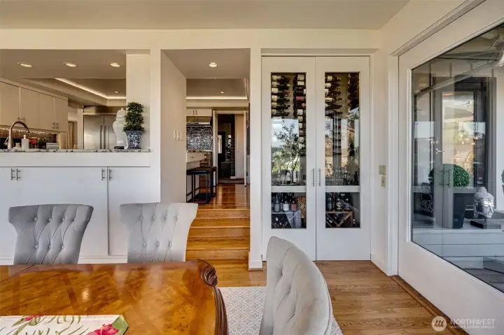 Dining room to kitchen and wine storage