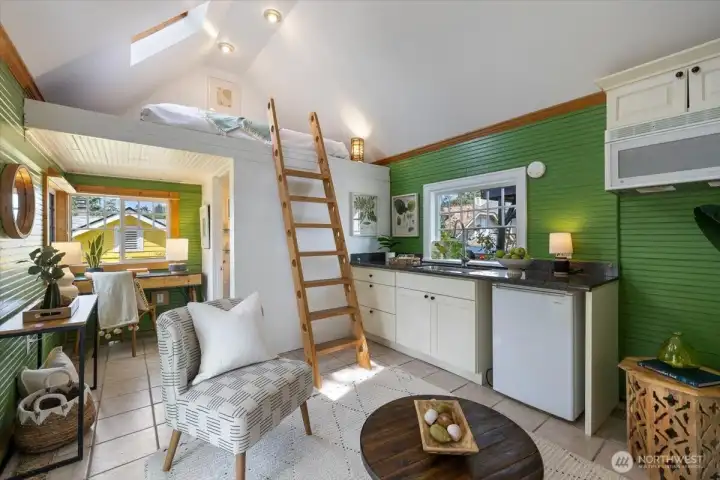 Studio kitchen, Lofted sleeping area, desk space