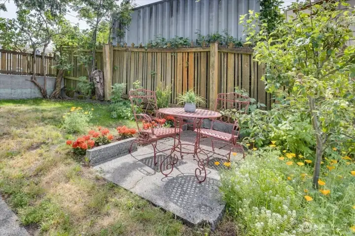 Patio space next to the apple tree.
