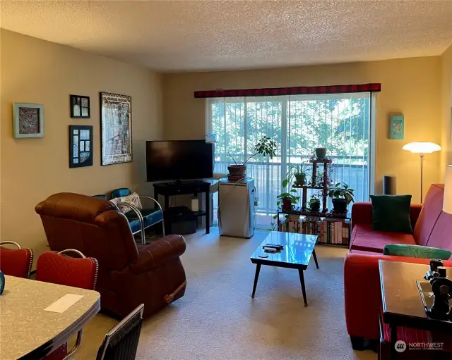 From the dining room looking into the living room.  There is plenty of room for all of your furniture and the space feels light and spacious.  Through the living room to the deck with a beautiful treed outlook.