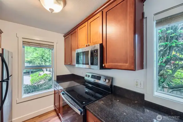 Contemporary cabinets and slab granite counter tops
