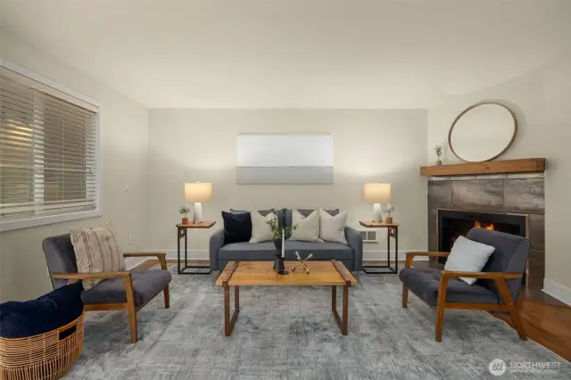 Spacious living room with a fireplace