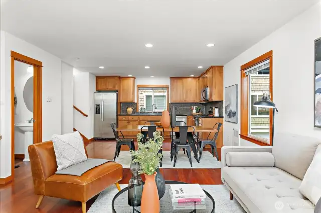 Big living room open to kitchen and dining areas