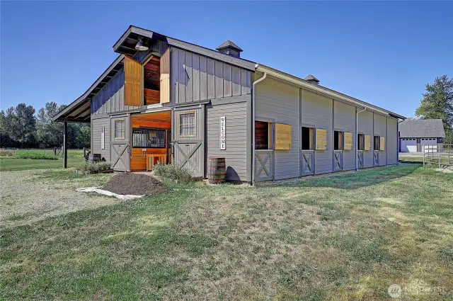 10 stalls, hay loft, tack room, heated wash rack