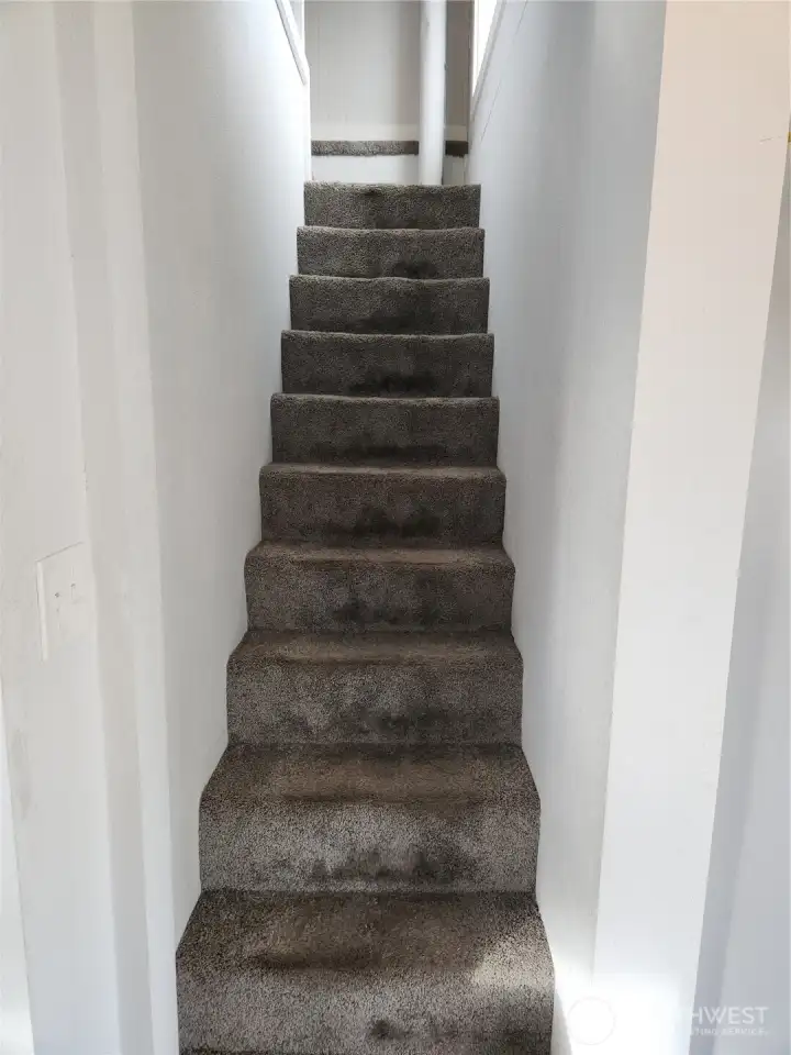Upon entering the utility room, directly to the left are the stairs to the upstairs bonus/bedroom space.