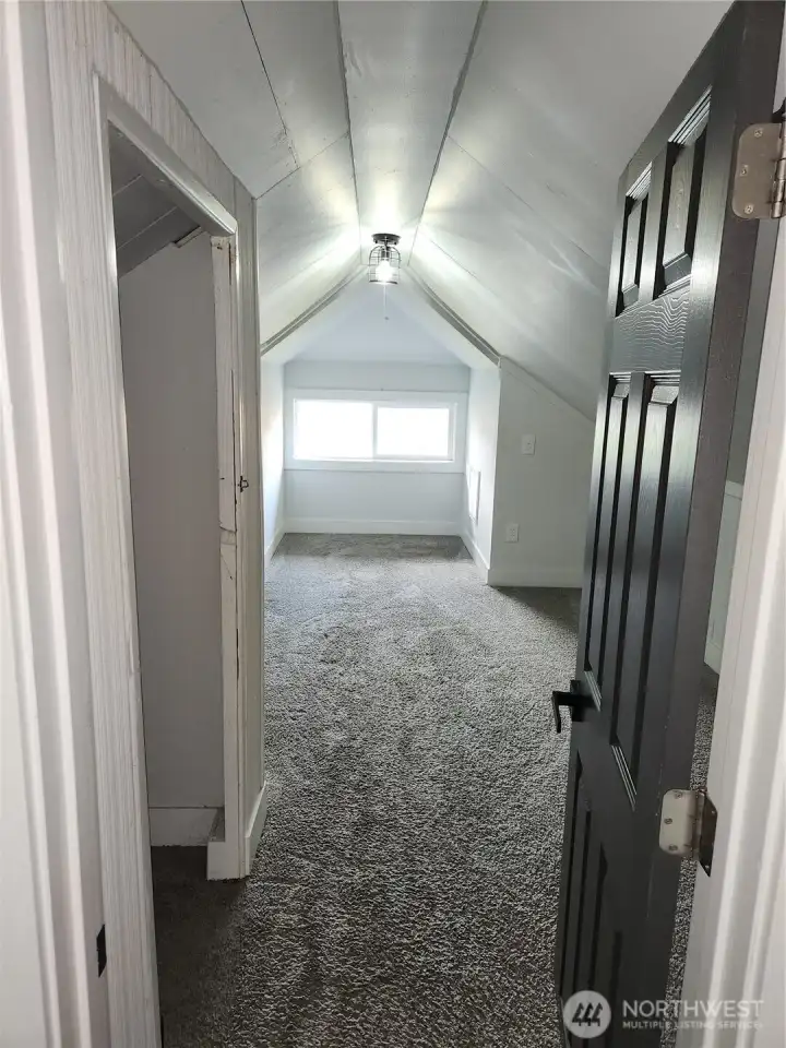 Enter into the upstairs bedroom, closet is directly to the left.