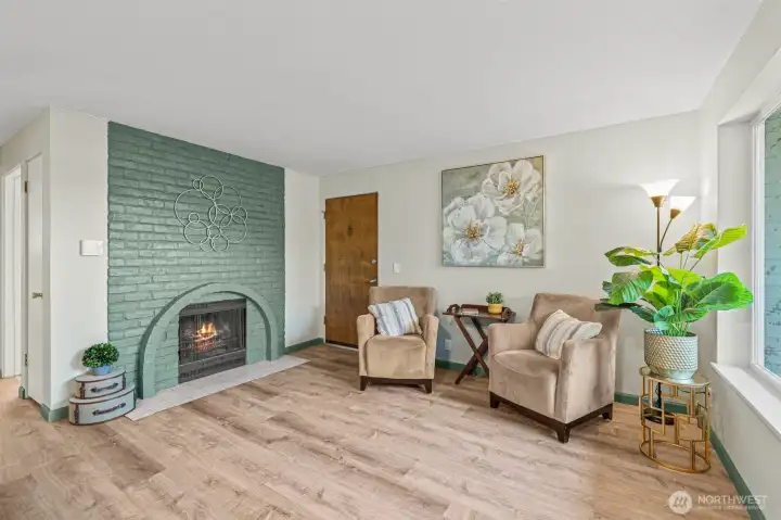 Living room with cozy fireplace.
