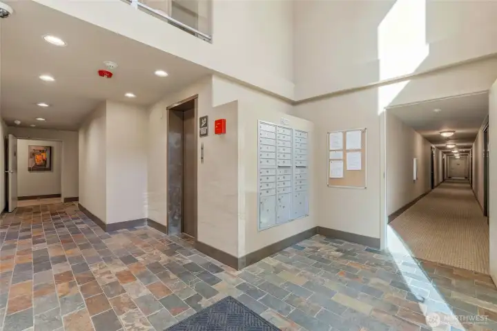 Main entrance to the D building with elevator access and mailboxes.