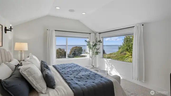Windows frame the sweeping Puget Sound vistas.
