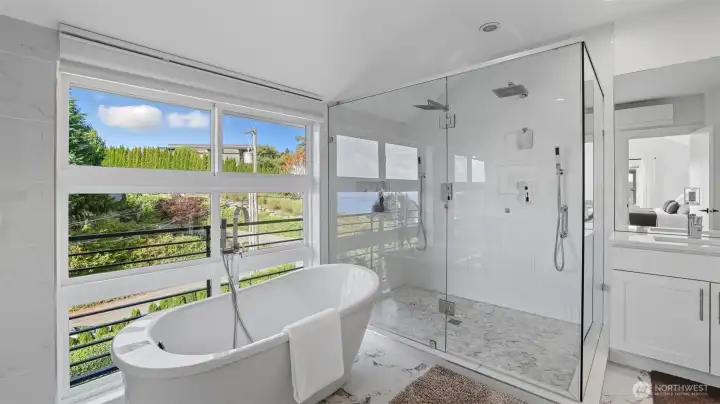 Dual rainfall shower system is the highlight of this glass-walled shower.