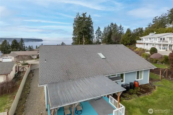 Bird-s eye view from the back of the house to the water and Diamond Point beyond.