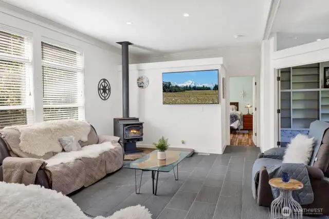 The wood stove keeps the entire house warm when you don't want to use the furnace.