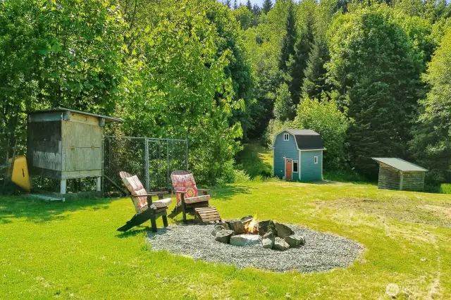 Chicken coop is on the left and the tiny house is in the background and has been used as an ADU.