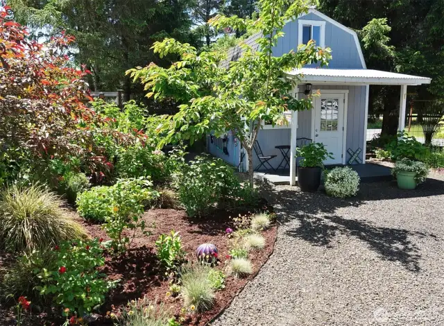 Trees and flowers with the Shed in the background.