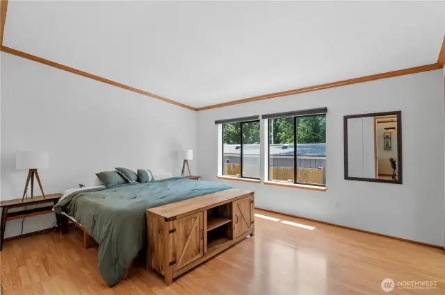 Primary bedroom is huge: plenty of space for the king-size furniture and then some.