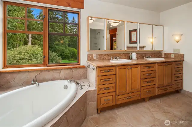Primary bathroom vanity and tub.  There is also a glass walled shower, spacious closet with built-in vanity and cupboards plus a small propane fireplace.