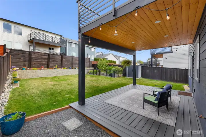 Large fenced back yard with covered patio