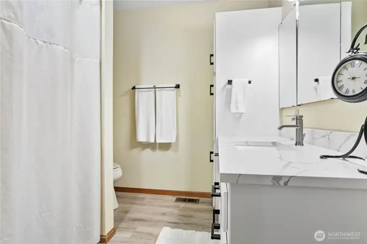 Guest full bath. Recently updated with quartz counter, new cabinets & more