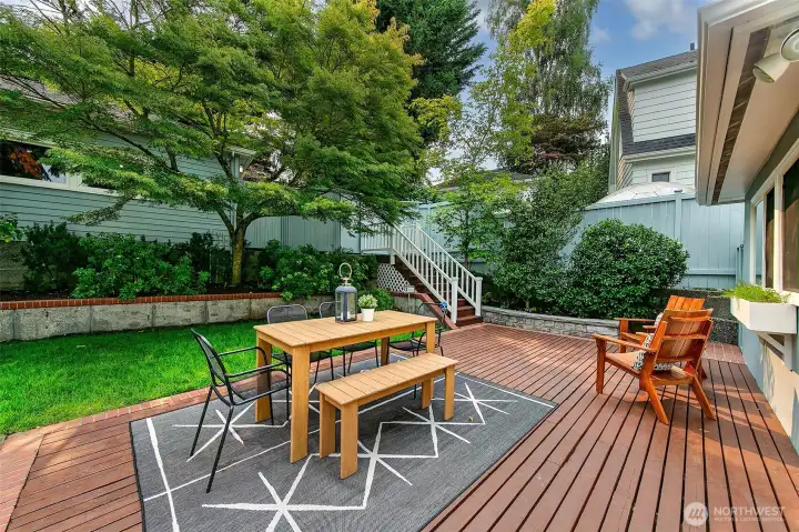 Right off the kitchen is the sunny, lush backyard.