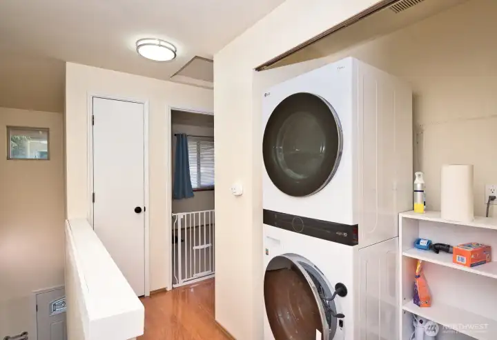 Full-sized stacked W/D conveniently located on second level between bedrooms.
