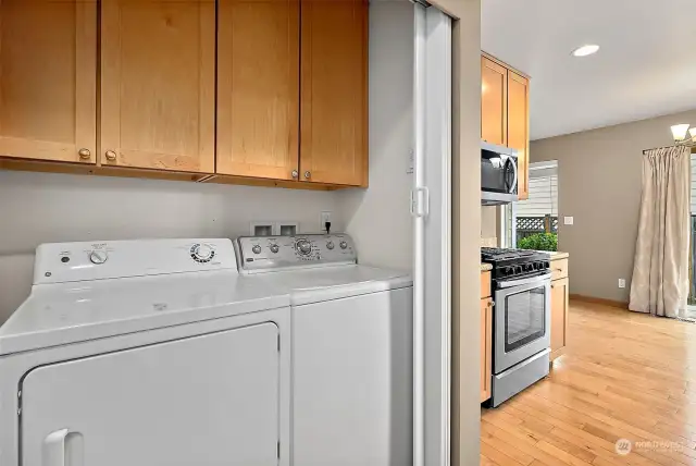 Laundry/Dryer tucked in behind kitchen with sliding doors.