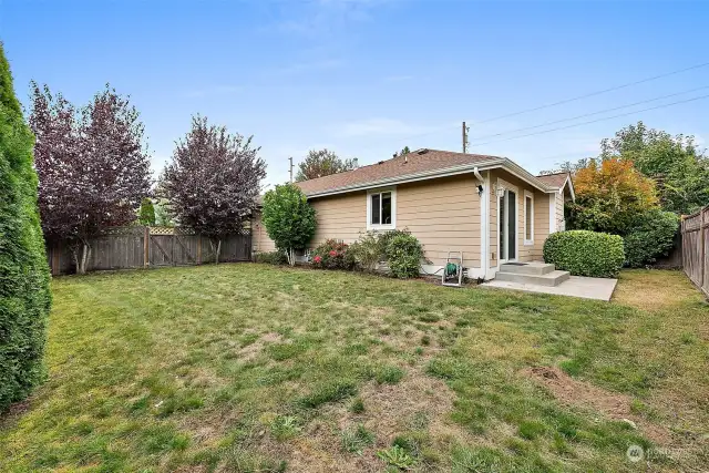 Large, fenced backyard with fence door to front.