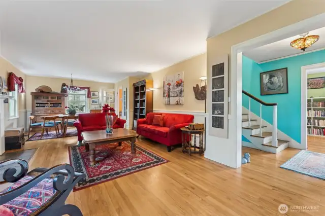 The large living room flows nicely into the dining room for easy entertaining